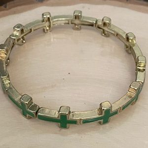 Emerald Green Enamel Painted Cross Yellow Gold Plated Women’s Stretch Bracelet